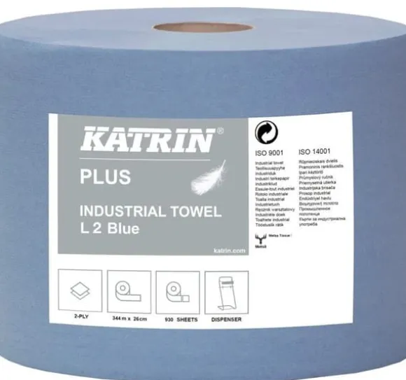 Avtorkningspapper Katrin Plus blått Ø26,5 cm x 350 m 2-lagers, nyfiber, 2 rullar/förpackning
