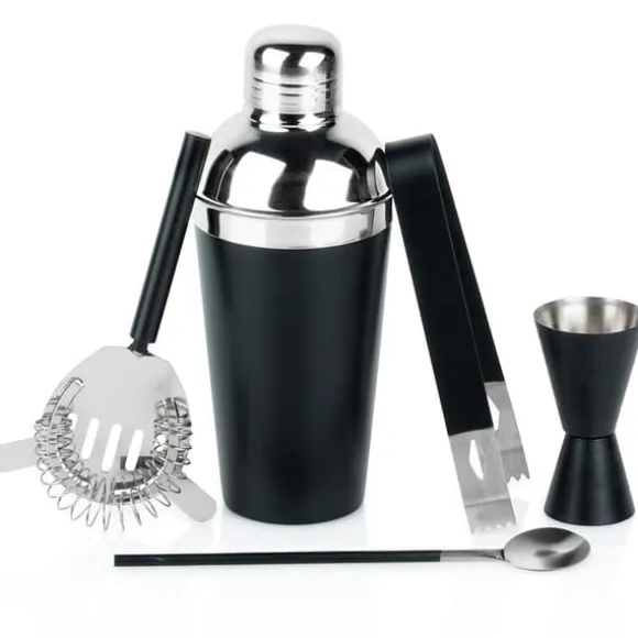 Barset med shaker, stål, svart, 5 delar.