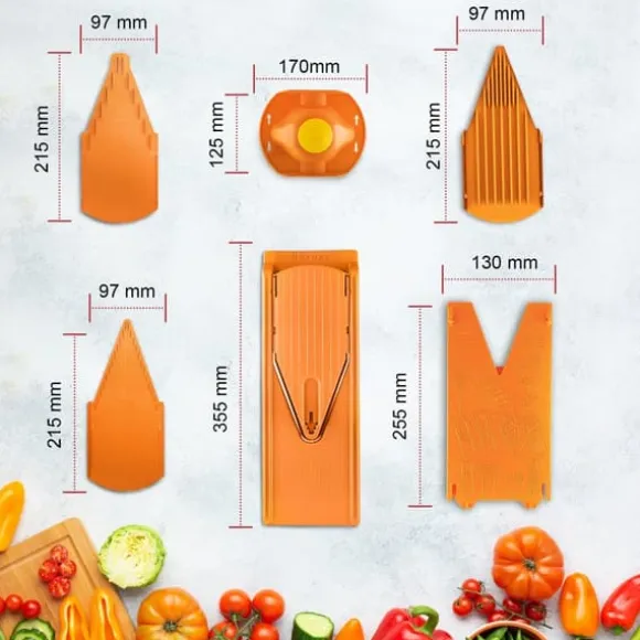 Borner Mandolin V3 Special | 7-delat set | 5 skärtjocklekar | Lämplig som pommes fritesskärare | BPA-fri och rostfri | orange