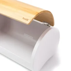 Brödlåda av lackerat stål med lock i bambu