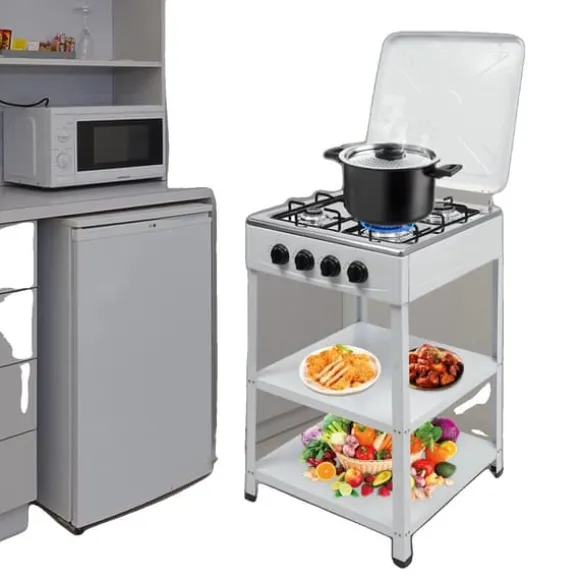 4-brännare Gaskök, Rostfritt Stål, Bärbar Design, Vindskydd,VIT