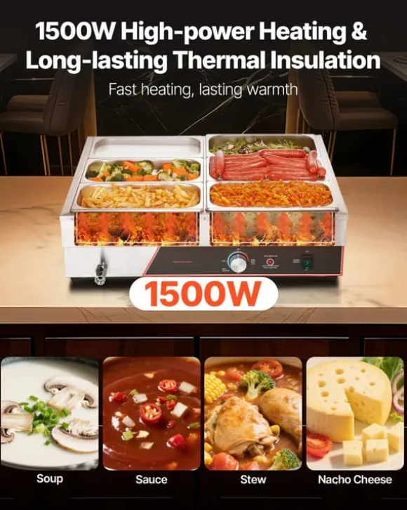 Buffé matvärmare - Elektrisk bain marie bänkmodell - Effekt 1500 W - 6 Pannor - Rostfritt stål - Snabb uppvärmning - Lock ingår