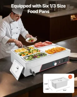 Buffé matvärmare - Elektrisk bain marie bänkmodell - Effekt 1500 W - 6 Pannor - Rostfritt stål - Snabb uppvärmning - Lock ingår