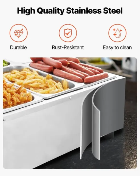 Buffé matvärmare - Elektrisk bain marie bänkmodell - Effekt 1500 W - 6 Pannor - Rostfritt stål - Snabb uppvärmning - Lock ingår