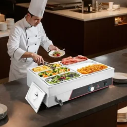 Buffé matvärmare - Elektrisk bain marie bänkmodell - Effekt 1500 W - 6 Pannor - Rostfritt stål - Snabb uppvärmning - Lock ingår