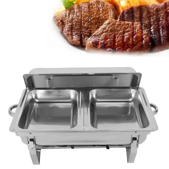 Buffévärmare - Chafing Dish med ram - 7,5 l kapacitet - Rostfritt stål - Matbehållare 27×34×6,8 cm - 55,7×34×38,3 cm - Bränslebrännare - Silver