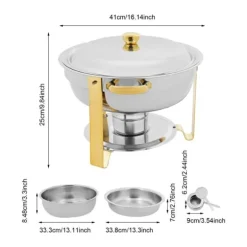 Buffévärmare Chafing Dish Set - Rund Chafer 4,5 L - Set om 4 - Rostfritt Stål - Ø41×25 cm - Med Brännarhållare - Guld