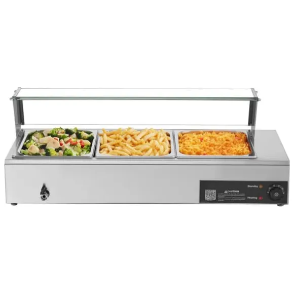 Buffévärmare - Elektrisk bain-marie/vattenbad - Effekt 1500 W - Rostfritt stål - Glaslock - Tre 1/2 GN kantiner - Bänkmodell - Kommersiell