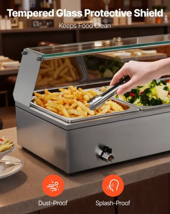 Buffévärmare - Elektrisk bain-marie/vattenbad - Effekt 1500 W - Rostfritt stål - Glaslock - Tre 1/2 GN kantiner - Bänkmodell - Kommersiell