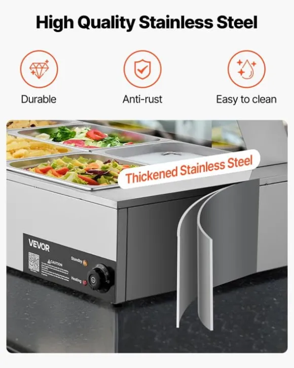 Buffévärmare - Elektrisk bain-marie matvärmare - 1500 W - Rostfritt stål - Glaslock - 6 x GN 1/2-kantiner - Inkl. soppslev och perforerad slev