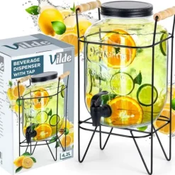 Burk för drycker med kran och stativ, svart, kran för dryck, vatten, lemonad, 4,2L, VILDE 139600