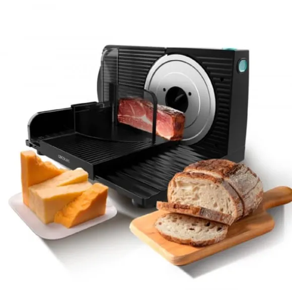 Cecotec 150-W foldable food slicer with a 170 mm diameter disc and a gradual adjustment system with maximum thickness accuracy from 0 to 15 mm.