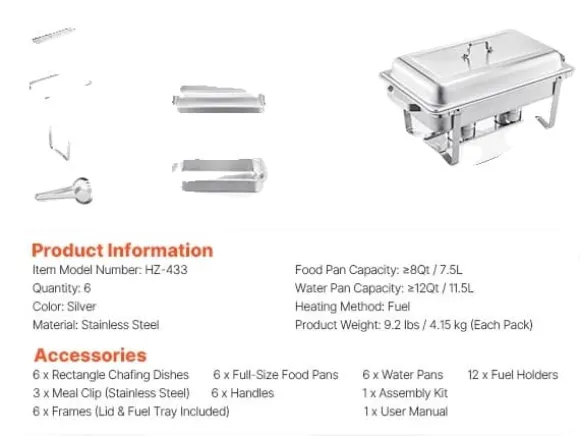 Chafing Dish Buffet Set, 8 Quart Kapacitet, Hållbart Rostfritt Stål, 6 paket