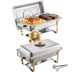 Chafing Dish Bufféset, Fällbart Ställ för Bränslebehållare, Glaslock Vattenpanna,2 paket