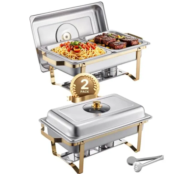 Chafing Dish Bufféset, Fällbart Ställ för Bränslebehållare, Glaslock Vattenpanna,2 paket