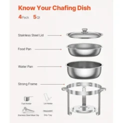 Chafing Dish Bufféset, 4-pack, 5 qt, rostfritt stål, silver, cateringvärmare