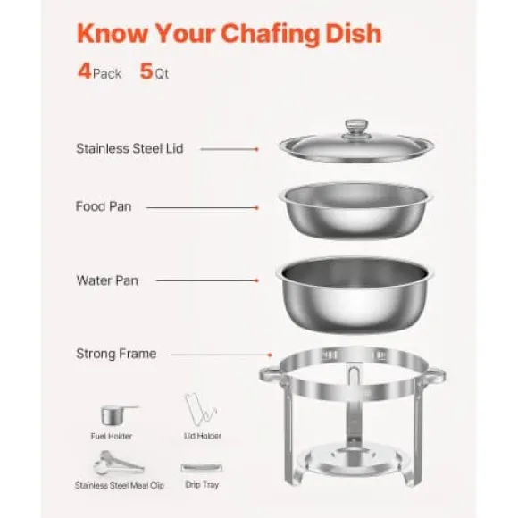 Chafing Dish Bufféset, 4-pack, 5 qt, rostfritt stål, silver, cateringvärmare