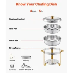 Chafing Dish Bufféset, 5 Qt 4-pack, Guld, Rostfritt stål