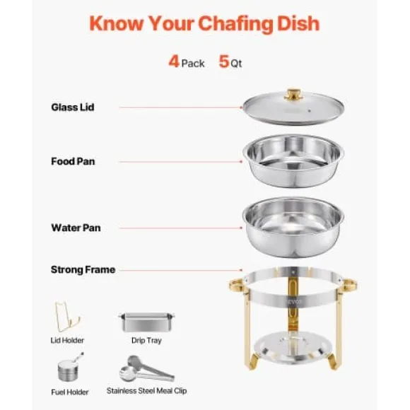 Chafing Dish Bufféset, 5 Qt 4-pack rostfritt stål, guld