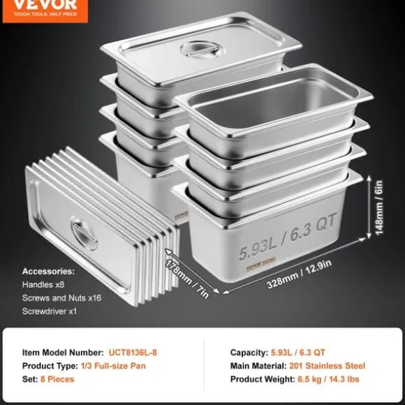Chafing Dish Set, 8 delar i rostfritt stål, kapacitet på 5,93 liter,8 st 6 tum