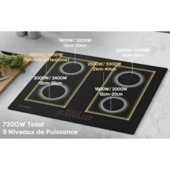 CIARRA Induktionshäll 4 zoner 2 modulförstärkare 7200W Barnsäkerhetstimer 59cm Sensitive Touch Svart glas