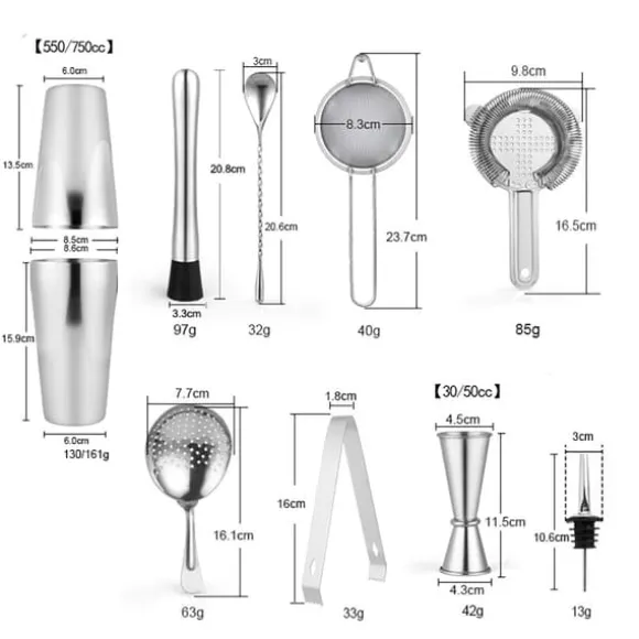 Cocktailset i rostfritt stål – 10-delars boston shaker kit