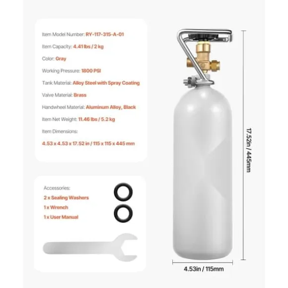 CO2-tank 4,41 lbs, Aluminiumslegeringscylinder, DIN477-ventil, TUV-godkänd