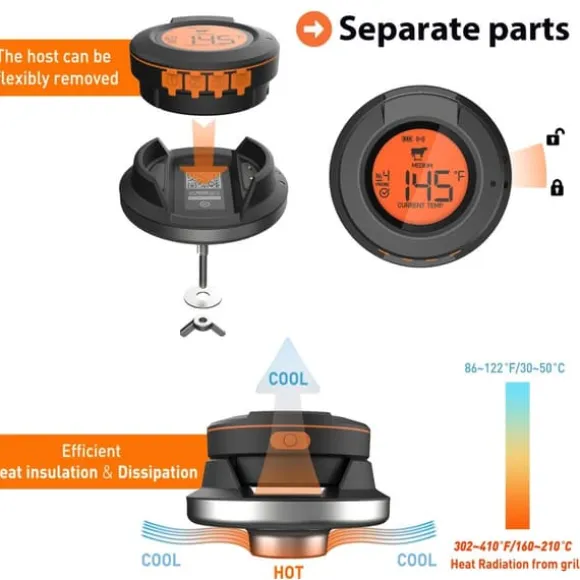 0-380°C smart Bluetooth matlagningstermometer med 2 sonder, grilltermometer med app-kontroll, avtagbar design