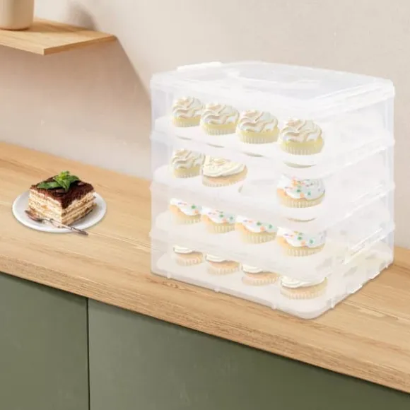 Cupcake/Muffins-låda - Transportlåda 4 våningar - Med handtag - Stapelbar - Bärbar - Svart