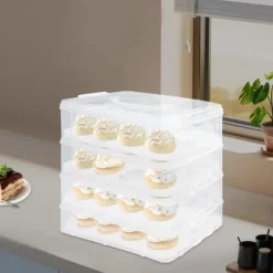 Cupcake/Muffins-låda - Transportlåda 4 våningar - Med handtag - Stapelbar - Bärbar - Svart