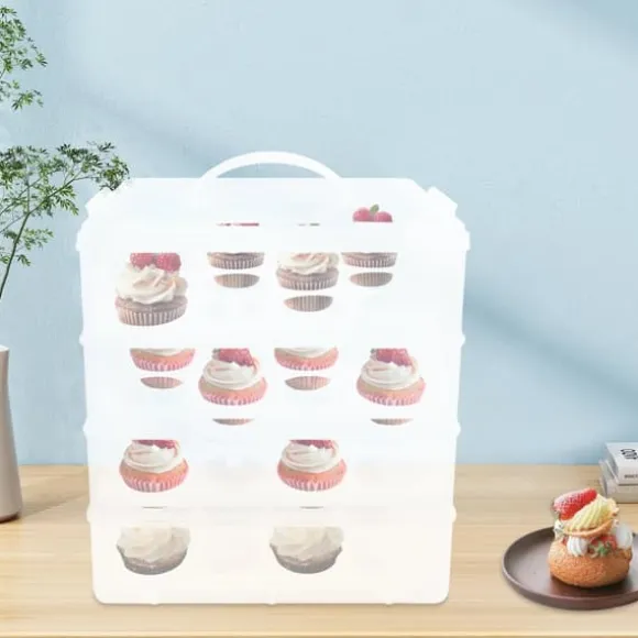 Cupcake/Muffins-låda - Transportlåda 4 våningar - Med handtag - Stapelbar - Bärbar - Svart