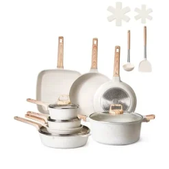 19-delade Grytor och Kastruller, Granit Nonstick, Köksredskap i Vit Färg, Lätt att Rengöra