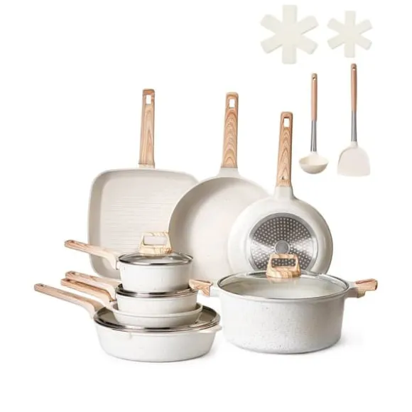 19-delade Grytor och Kastruller, Granit Nonstick, Köksredskap i Vit Färg, Lätt att Rengöra