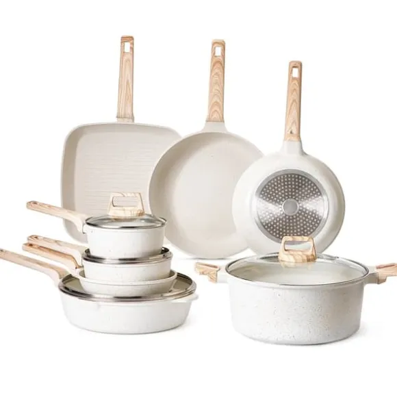 19-delade Grytor och Kastruller, Granit Nonstick, Köksredskap i Vit Färg, Lätt att Rengöra