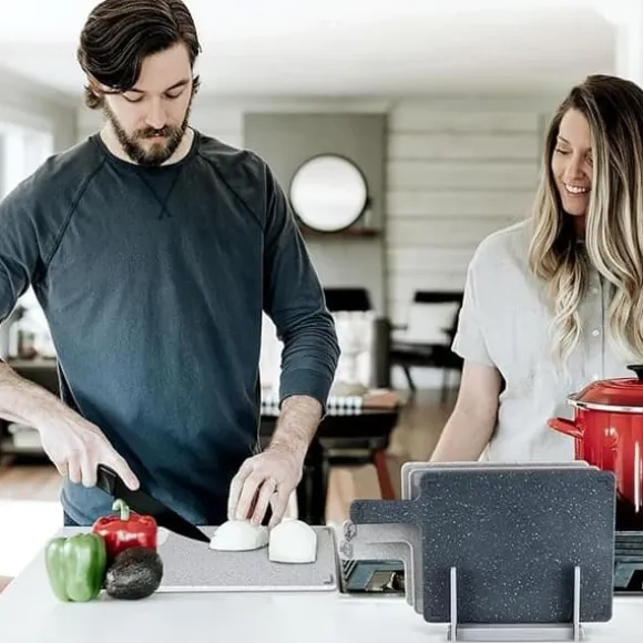 5-delars Skärbräda i Vetehalm med Ställ – Multifunktionella Färgsorterade Skärbrädor för Kök