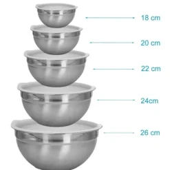 5-delat skålset blandningsskålar med lock av rostfritt stål - 18 x 9,5 / 20 x 10 / 22 x 11 / 24 x 12 / 26 x 12,5 cm - salladsskål serveringsskål
