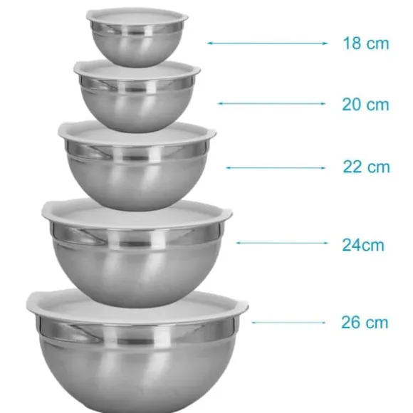 5-delat skålset blandningsskålar med lock av rostfritt stål - 18 x 9,5 / 20 x 10 / 22 x 11 / 24 x 12 / 26 x 12,5 cm - salladsskål serveringsskål