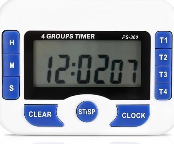 Digital kökstimer, 4-kanals köksnedräkningstimer med LCD-display, hopfällbart stativ och upphängningshål, magnetisk baksida (vit + blå)