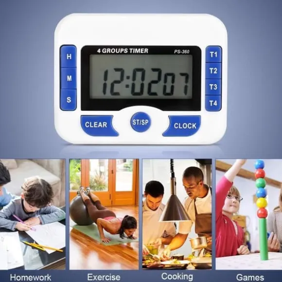 Digital kökstimer, 4-kanals köksnedräkningstimer med LCD-display, hopfällbart stativ och upphängningshål, magnetisk baksida (vit + blå)