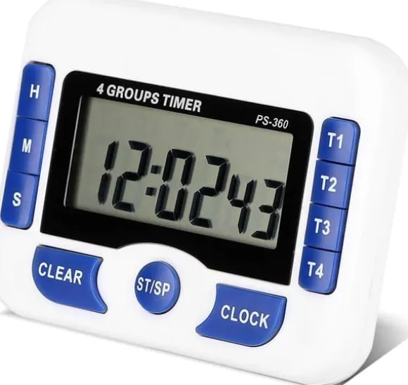 Digital kökstimer, 4-kanals köksnedräkningstimer med LCD-display, hopfällbart stativ och upphängningshål, magnetisk baksida (vit + blå)