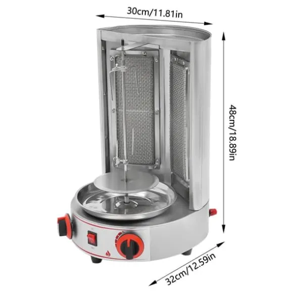 Döner Kebab/Shawarma Grill - Vertikal Gasgrill - Automatisk Rotation - 2 Brännare - Vredkontroll - Kommersiell - Silver