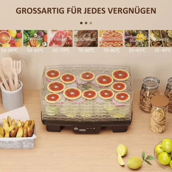 Dörrautomat 550 W, 40–70°C, 6 höjdjusterbara brickor, 48 h timer, svart