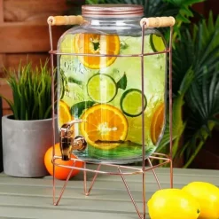 Dryckesburk med kran och guldfärgat stativ 5,5 l + 12 glas 200 ml