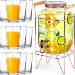 Dryckesburk med kran och guldfärgat stativ 4,2 l + 12 glas 200 ml