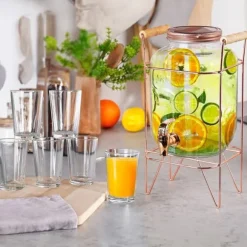 Dryckesburk med kran och guldfärgat stativ 4,2 l + 12 glas 200 ml
