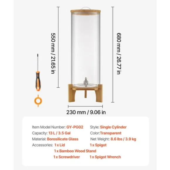 Dryckesdispenser 13L, Fester Glasdispenser, inkluderar Stativ, Idealisk för Hem och Evenemang