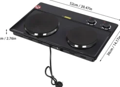 Dubbel elektrisk spis, dubbla matlagningszoner, 6 temperaturinställningar, bärbar design