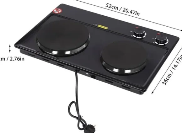 Dubbel elektrisk spis, dubbla matlagningszoner, 6 temperaturinställningar, bärbar design