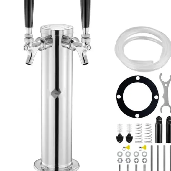 Dubbelkranar Fatölstornautomat, rostfritt stål, Kegerator Tower Kit med förmonterad slang och självstängande kran för fest och bar