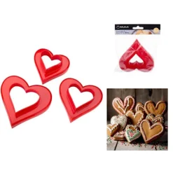 Dubbelsidiga plastutstickare HEART hjärtan 3 stycken kakutstickare för pepparkakor shortbread-kakor
